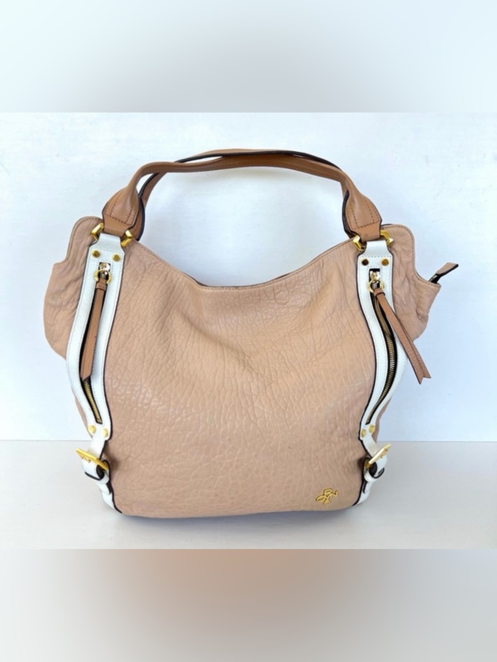 orYANY Tegan Beige Cream Pebbled Leather Front Zip Pockets Large Shoulder Tote